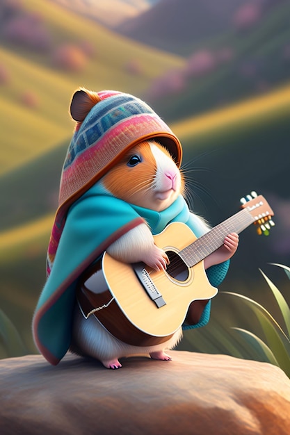 Eine Maus mit Gitarre und buntem Hut sitzt auf einem Felsen.