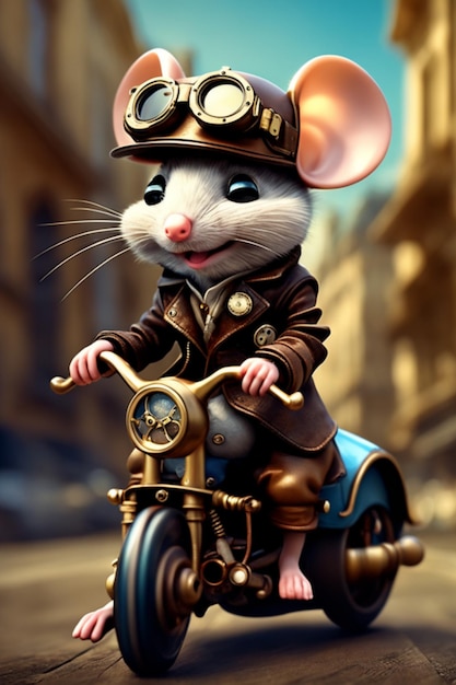 Eine Maus mit Hut darauf fährt Motorrad.