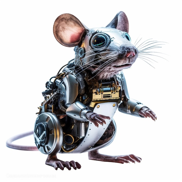 Eine Maus mit Roboterhelm und Helm.