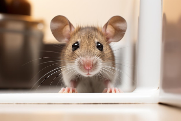 eine Maus schaut aus einem Fenster