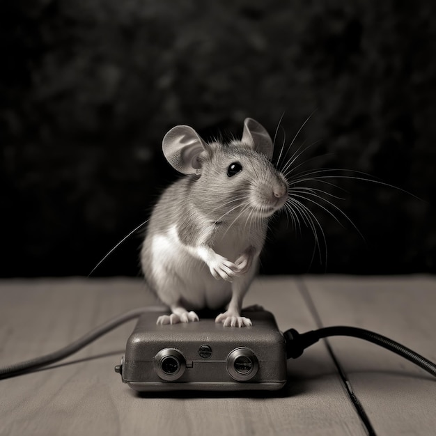 Eine Maus steht auf einem alten Radio und legt ihre Pfote darauf.