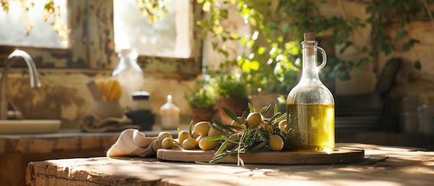 Foto eine mediterrane küchenszene mit einer flasche evoo auf einem rustikalen tisch, bereit für gourmetküche