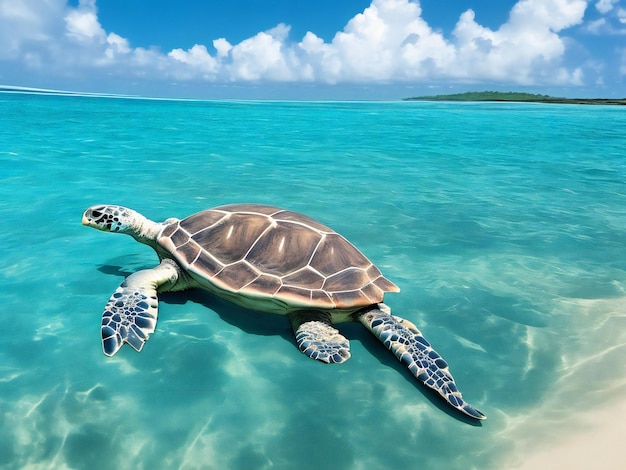 Eine Meeresschildkröte, die im Ozean vor einer tropischen Insel schwimmt