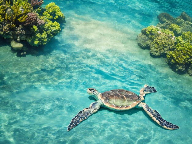 Eine Meeresschildkröte, die im Ozean vor einer tropischen Insel schwimmt