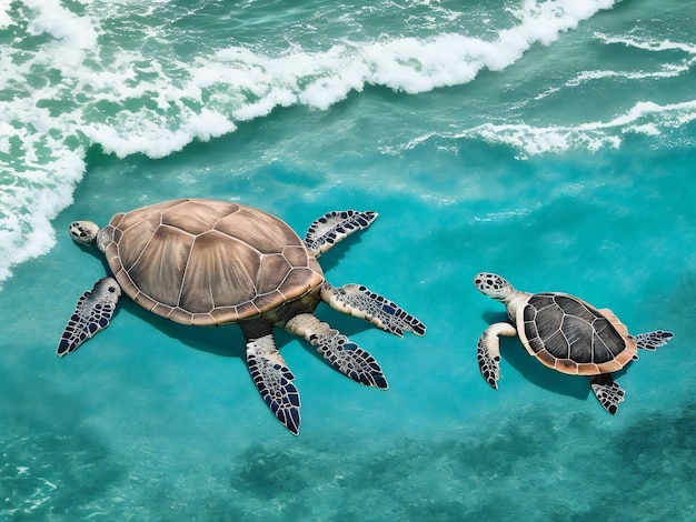 Eine Meeresschildkröte, die im Ozean vor einer tropischen Insel schwimmt