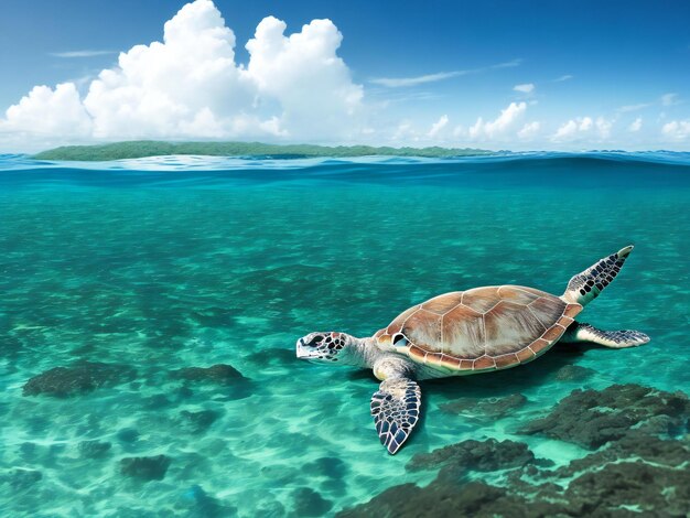 Eine Meeresschildkröte, die im Ozean vor einer tropischen Insel schwimmt