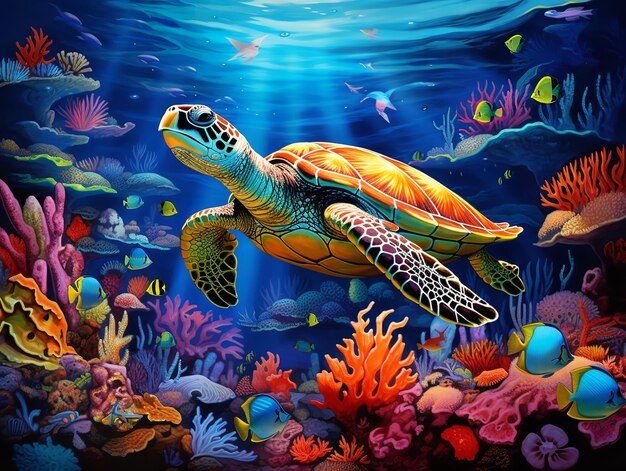 Eine Meeresschildkröte schwimmt in einem Korallenriff, umgeben von Fischen und Korallen.