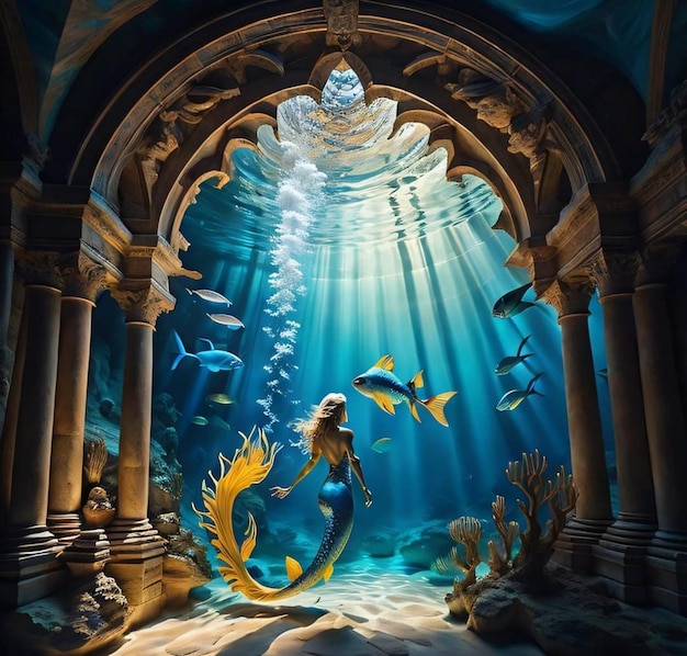 Eine Meerjungfrau in einer Unterwasserszene mit Fischen und einer Meerjungfrau.