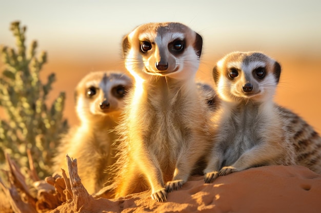 Eine Meerkat-Familie beobachtet wachsam die Umgebung, eine kleine Meerkat-Familien sitzt und beobachtet die Schönheit der Natur, die Ai erzeugt hat.