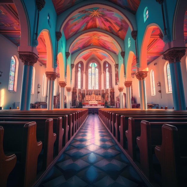 eine mehrfarbige Kirche lebendige Farben