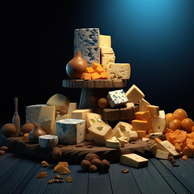 Foto eine menge käse auf einem holzbrett im stil von dunkelblauer und bärnsteinfarbener softboxbeleuchtung