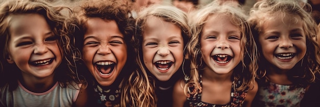 Eine Menge lachender Kinder an einem Sommertag ist herzerwärmend und repräsentiert die pure Freude und den unbeschwerten Geist der generativen KI in der Kindheit