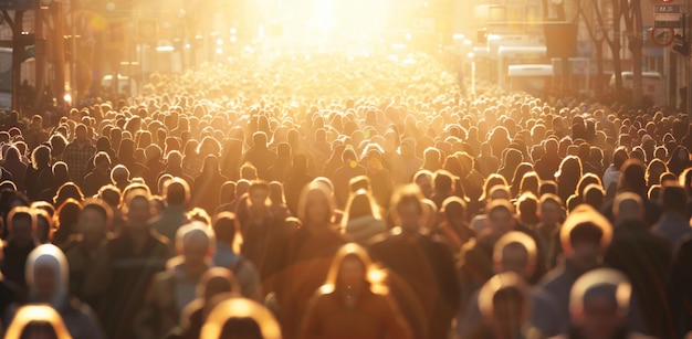 Eine Menschenmenge auf einer Stadtstraße bei Sonnenuntergang