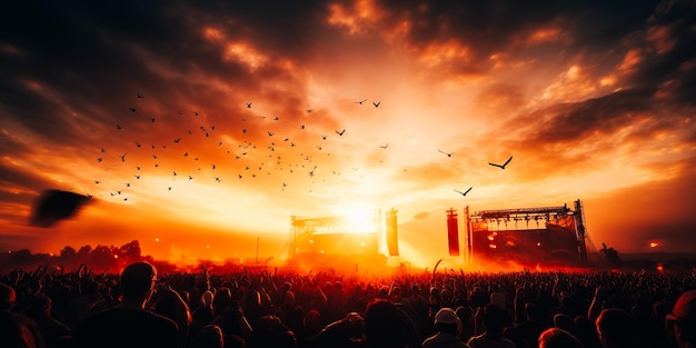 Eine Menschenmenge bei einem Konzert, hinter der die Sonne untergeht