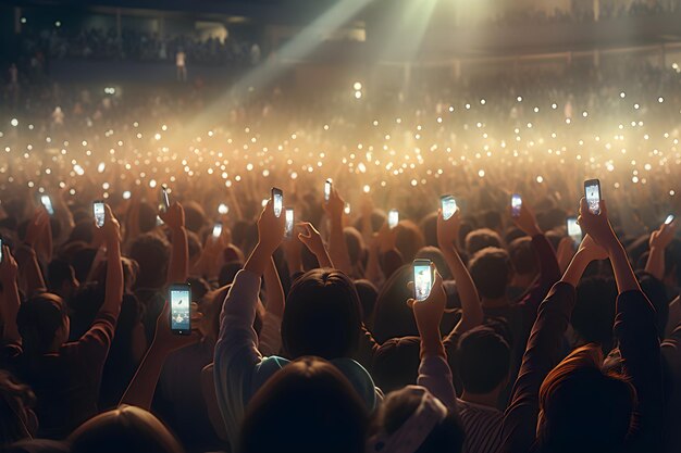 Eine Menschenmenge bei einem Live-Event, einem Konzert oder einer Party hält sich an den Händen und stellt ihre Smartphones hoch.