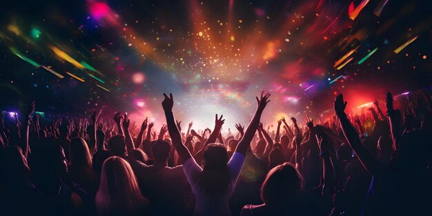 Eine Menschenmenge bei einer Musikveranstaltung tanzt in Neonfarbenlichtern
