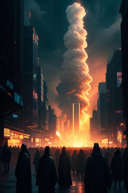 Eine Menschenmenge beobachtet eine Atomexplosion in der Stadt