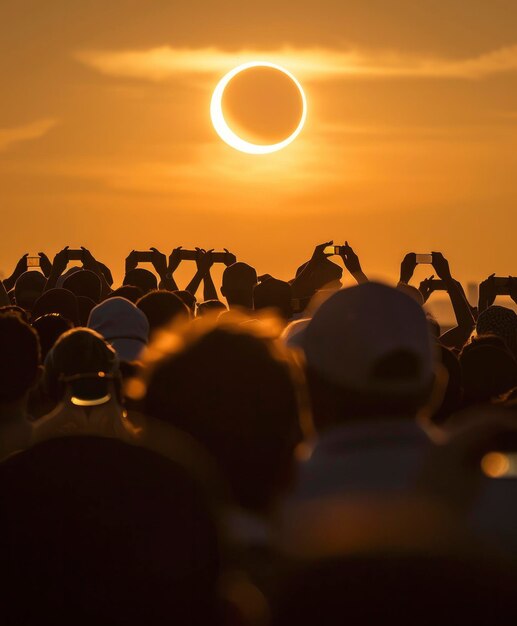 Foto eine menschenmenge, die die sonnenfinsternis mit schutzbrille beobachtet