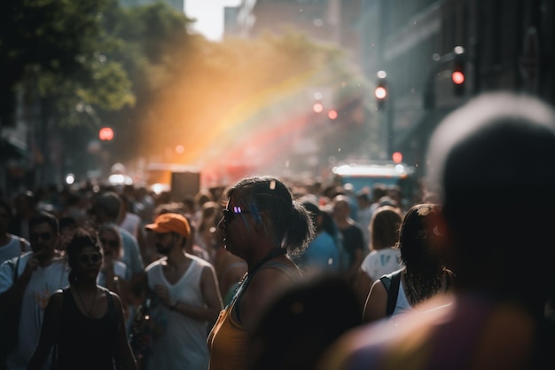 Eine Menschenmenge geht mit einem Regenbogenschild im Hintergrund eine Straße entlang.