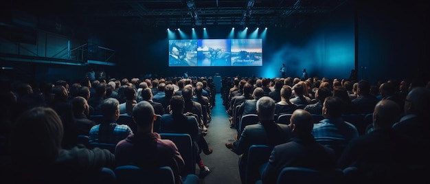 eine Menschenmenge in einem Auditorium mit einem großen Bildschirm mit einem blau-weißen Bildschirm hinter ihnen