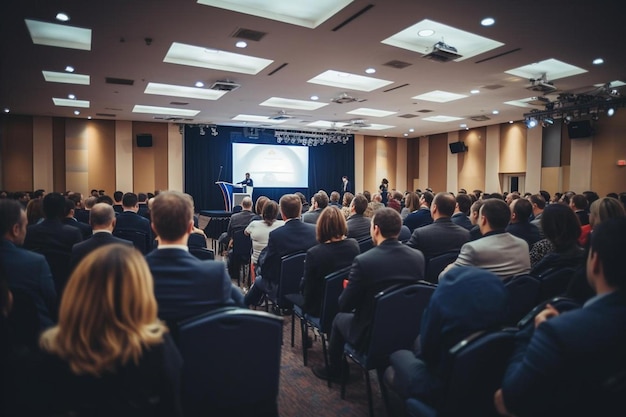 eine Menschenmenge in einem Konferenzraum, von denen einer befragt wird