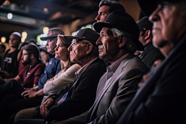 Eine Menschenmenge in einem Theater mit Hüten und Brillen