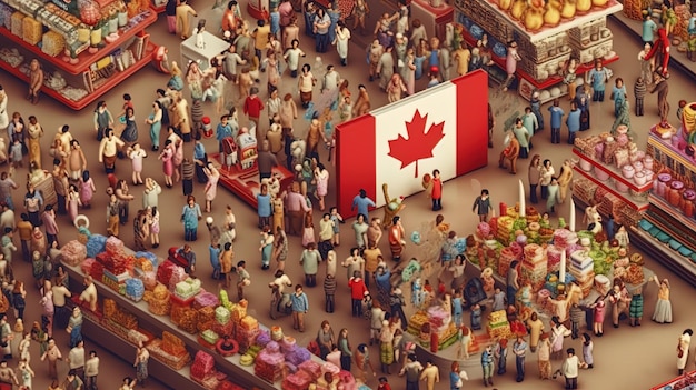 Eine Menschenmenge ist auf einem Markt mit einer kanadischen Flagge in der Mitte versammelt.