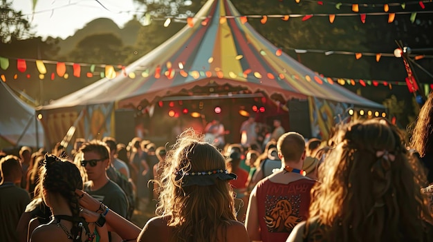 Foto eine menschenmenge ist bei einem fest mit einem zelt im hintergrund versammelt