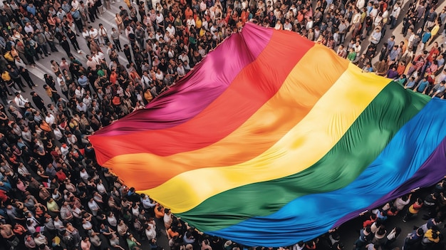 Foto eine menschenmenge ist in einer menschenmenge versammelt, mit einer regenbogenflagge in der mitte.