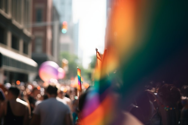 Eine Menschenmenge läuft mit Regenbogenfahnen durch die Straße.
