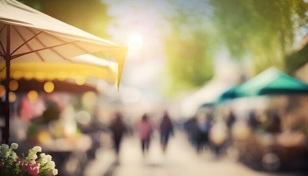 Eine Menschenmenge läuft vor einem Markt mit einem Baum mit weißen Blüten