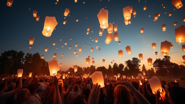 Eine Menschenmenge mit Laternen, die bei Sonnenuntergang in den Himmel fliegen.