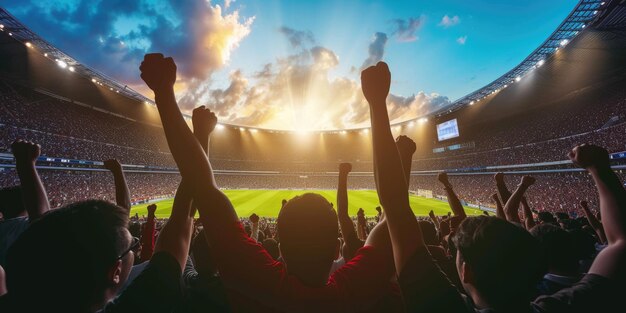 Eine Menschenmenge steht in einem Stadion mit den Armen in der Luft AIG41