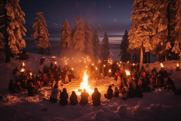 Foto eine menschenmenge versammelt sich um ein lagerfeuer im schnee.