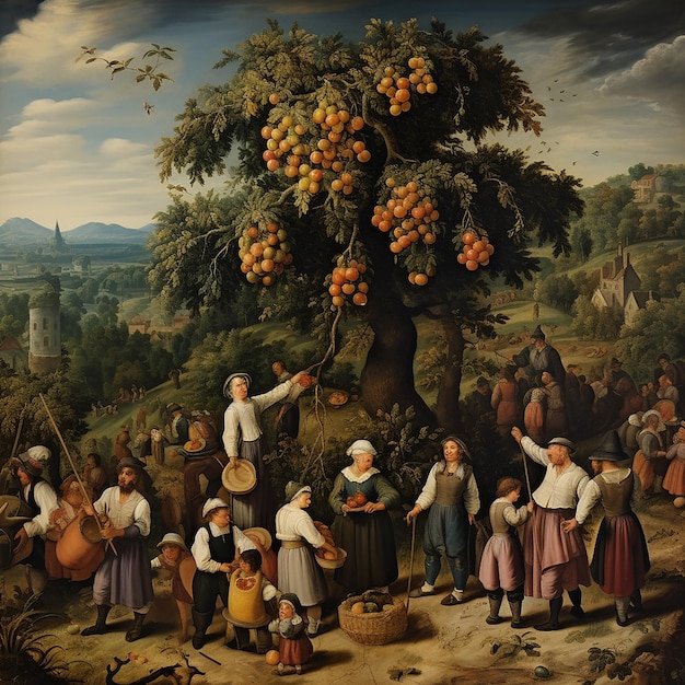 Eine Menschenmenge von Obstpflückern, umgeben von Bäumen mit reifen Früchten