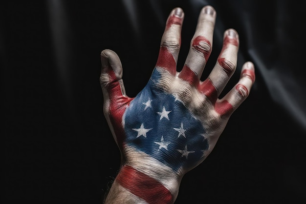 Eine menschliche Hand, bemalt in den Farben der amerikanischen Flagge vor dem verschwommenen schwarzen Hintergrund, weiß r