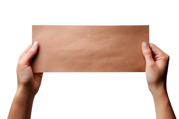 Eine menschliche Hand hält ein leeres Blatt braunes Papier oder eine Karte isoliert auf weißem Hintergrund