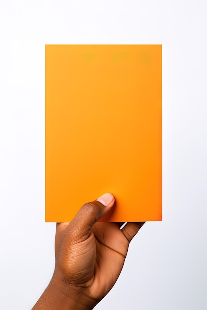 Eine menschliche Hand hält ein leeres Blatt orangefarbenes Papier oder eine Karte, die auf einem weißen Hintergrund isoliert ist