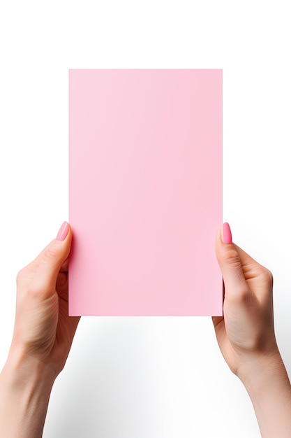 Eine menschliche Hand hält ein leeres Blatt rosa Papier oder Karton isoliert auf weißem Hintergrund