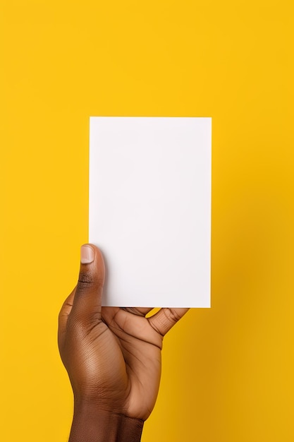 Eine menschliche Hand hält ein leeres Blatt weißes Papier oder eine Karte isoliert auf gelbem Hintergrund