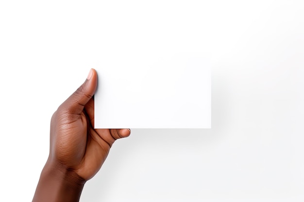 Eine menschliche Hand hält ein leeres Blatt weißes Papier oder eine Karte isoliert auf weißem Hintergrund
