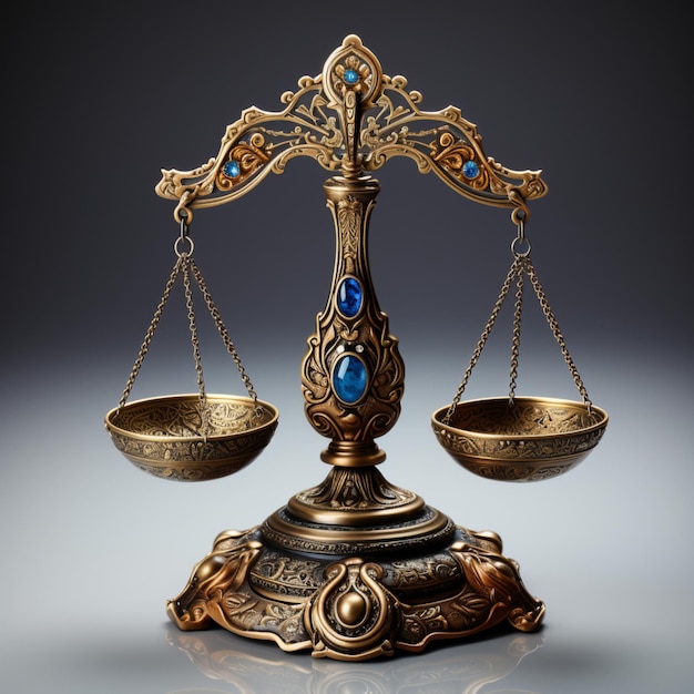eine metallische Waage der Gerechtigkeit im Stil von Gold und blauen Edelsteinen, die das rechtliche Konzept realistisch darstellt