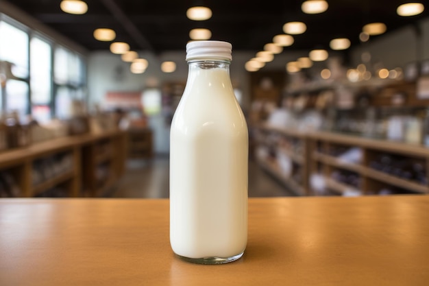 Eine Milchflasche liegt auf dem Tisch im Laden, Laktosefreie Milch in einer Glasflasche auf der Theke