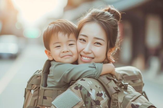 Eine Militärfrau hält einen jungen Jungen in ihren Armen