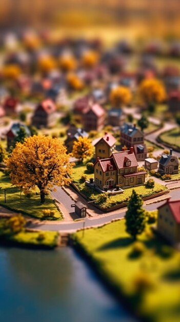 Eine Miniatur einer Kleinstadt mit einer Straße in der Mitte und einer Kleinstadt im Hintergrund.