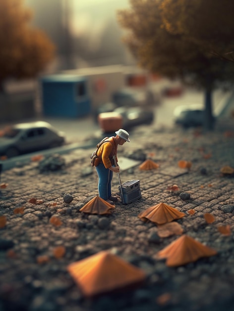Eine Miniaturfigur eines Bauarbeiters mit Bauhelm und Bauarbeiter.