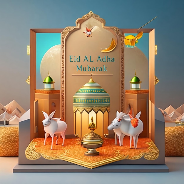 Eine Miniaturfigur von Eid al Adha Mubarak mit einer Lampe und einer Lampe.
