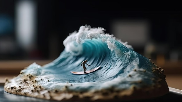 Eine Miniaturskulptur eines Surfers, der auf einer Welle reitet.