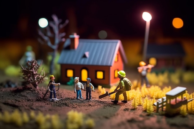 Eine Miniaturszene eines kleinen Dorfes mit einem Mann mit gelbem Schutzhelm und einem Feuerwehrmann mit einem Stock vor einem kleinen Haus.