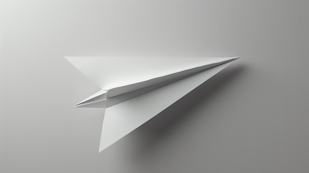 Eine minimale 3D-Illustration eines weißen Papierflugzeugs auf weißem Hintergrund Das Papierflugzeug ist fokussiert und scheint in Richtung des Betrachters zu fliegen